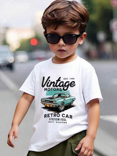 Young Boy Summer Letter & Car Print Round Neck Short Sleeve Casual T-Shirt