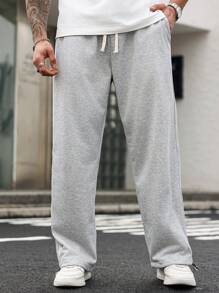 Manfinity Homme Men's Casual Sweatpants, Straight Leg Pants With Drawstring Ankle - Light Grey - View 4