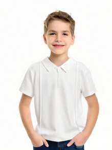 SHEIN Tween Boy 1/4 Zip Solid Color Rib Panel Casual Lightweight Polo Shirt, Daily Wear For Summer - White - View 5