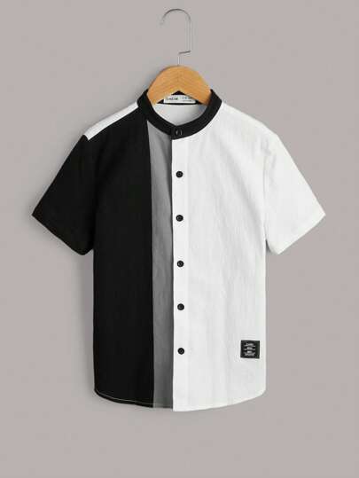 SHEIN 少年男孩拼接細節彩塊襯衫