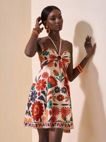 Slaydiva New Spring And Summer Casual Vacation Halterneck Straps, Front Center Ring, Hollow Backless A-Swing Umbrella Skirt, Apricot Bottom, Orange Flower All-Over Print Women's Mini Dress - Multicolor - View 6