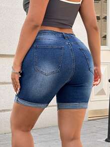 SHEIN EZwear Plus Size Holiday Casual Ripped Slim Fit Denim Shorts - Dark Wash - View 2