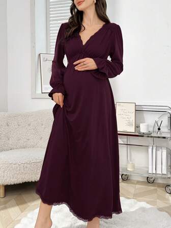 Moonlight & Mama Lace Patchwork V-Neck Drawstring Maternity Long Sleeve Nightgown Cozy And Elegant Details, Fall & Winter