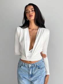 Aloruh 白色优雅落肩长袖针织上衣 - 白色 - 查看 7