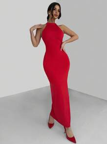 Firerie 全新 V 领褶皱腰系带露背开衩长裙，优雅浪漫约会派对礼服（红色） - 紅色 - 查看 4