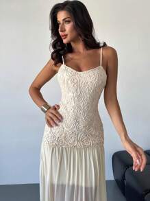 SHEIN Privé New Elegant Romantic Date Apricot Mesh Embroidered Contrast Mesh Slip Dress, Tight-Fitting Slimming Tall-Enhancing, Suitable For Spring/Summer, Valentine's Day Concert Rave Outfit Women,Graduation,Teacher Outfits For Women,Teacher Dress - Apricot - View 7