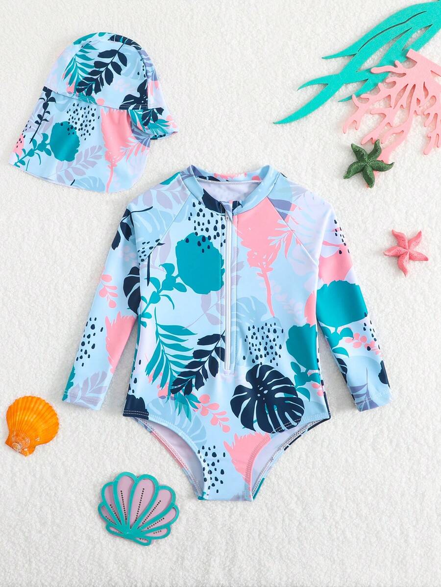 SHEIN Baby Girls' One-Piece Swimsuit With Random Print Pattern (Including Hat) - Multicolor - View 1