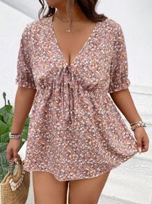 SHEIN CURVE+ 大码女式浪漫碎花系带蝴蝶结衬衫，优雅度假风格衬衫，春夏 - 彩色 - 查看 5
