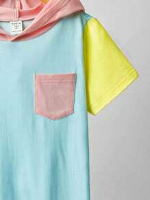 SHEIN Camiseta Joven Con Capucha Y Bolsillo Parchado A Bloques De Color