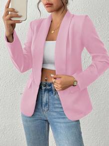 SHEIN PETITE Áo khoác blazer cổ tròn dài tay màu trơn cho nữ mặc thường ngày & đi làm - Hồng - Xem 4