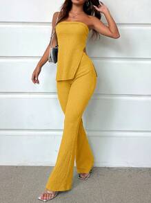 SHEIN SXY Women's Pure Green Bandeau Top And High Slit 2 Pieces Set,Summer Sets - Yellow - View 5