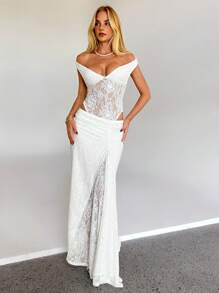 Aloruh Body elegante y sexy con hombros descubiertos y espalda descubierta con encaje, atuendo para conciertos, vacaciones y primavera para mujer - Blanco - Ver 7