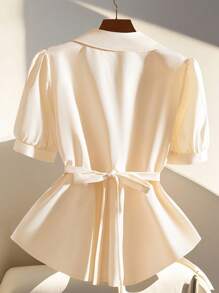 SHEIN Clasi Plus Size Women's Elegant Simple Button Decor Bowknot Belted Short Sleeve Thin Blazer Graduation,Back To School,Teacher Outfits For Women - Apricot - View 2