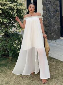 Breezaya Vestido holgado de primavera/verano de unicolor con hombros descubiertos y abertura, talla grande