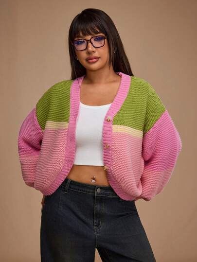 Forever 21 Áo len cardigan dáng rộng tay dài kẻ sọc mùa đông cỡ lớn cho nữ, Áo dài tay cho năm mới Áo crop top cho nữ, Quần áo Y2k Áo len cardigan dáng rộng nhiều màu sắc mới cho nữ