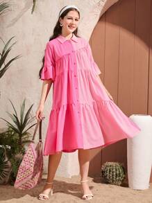Teen Girl Casual Color Blocking Button Front Vacation Dress,Holiday,Summer, Travel - Hot Pink - View 1