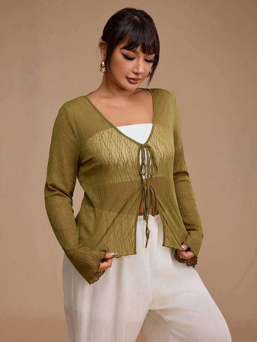 SHEIN Forever 21 夏季/乡村音乐会/乡村音乐会/茶会/优雅/音乐会/休闲女士/夏季/海滩/夏季/茶会/海滩度假/曲线沙滩装/夏季/海滩度假/加大女士绿色系带开衫罩衫 - 綠色 - 查看 1