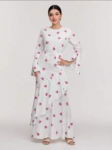 Veilorie 女士花卉印花圆领喇叭袖优雅连衣裙 - 紅色 - 查看 3