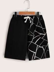 SHEIN Tween Boy Single Print Geometric Pattern Drawstring Waist Shorts