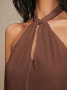 Poéselle Women's Linen Solid Color Elegant Backless Halter Summer Resort Mini Dress