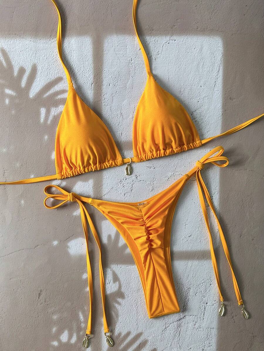 SHEIN Swim Springbreak Solid Color Bikini Swimwear Set For Summer Beach Vacation - Yellow - View 1