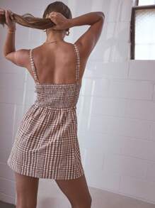 Aralina Vestido corto de verano con corpiño tipo corsé, tiras delanteras y correa con estampado de cuadros