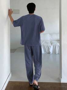 DAZY 1 Set Men's Summer Solid Gray T-Shirt And Pants Matching Pajama Set, Fall Winter Clothes - Blue - View 2