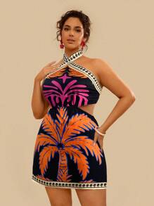 Travachic Plus Size Vacation Woven Print Bodycon Mini Dress For Women - Black - View 1