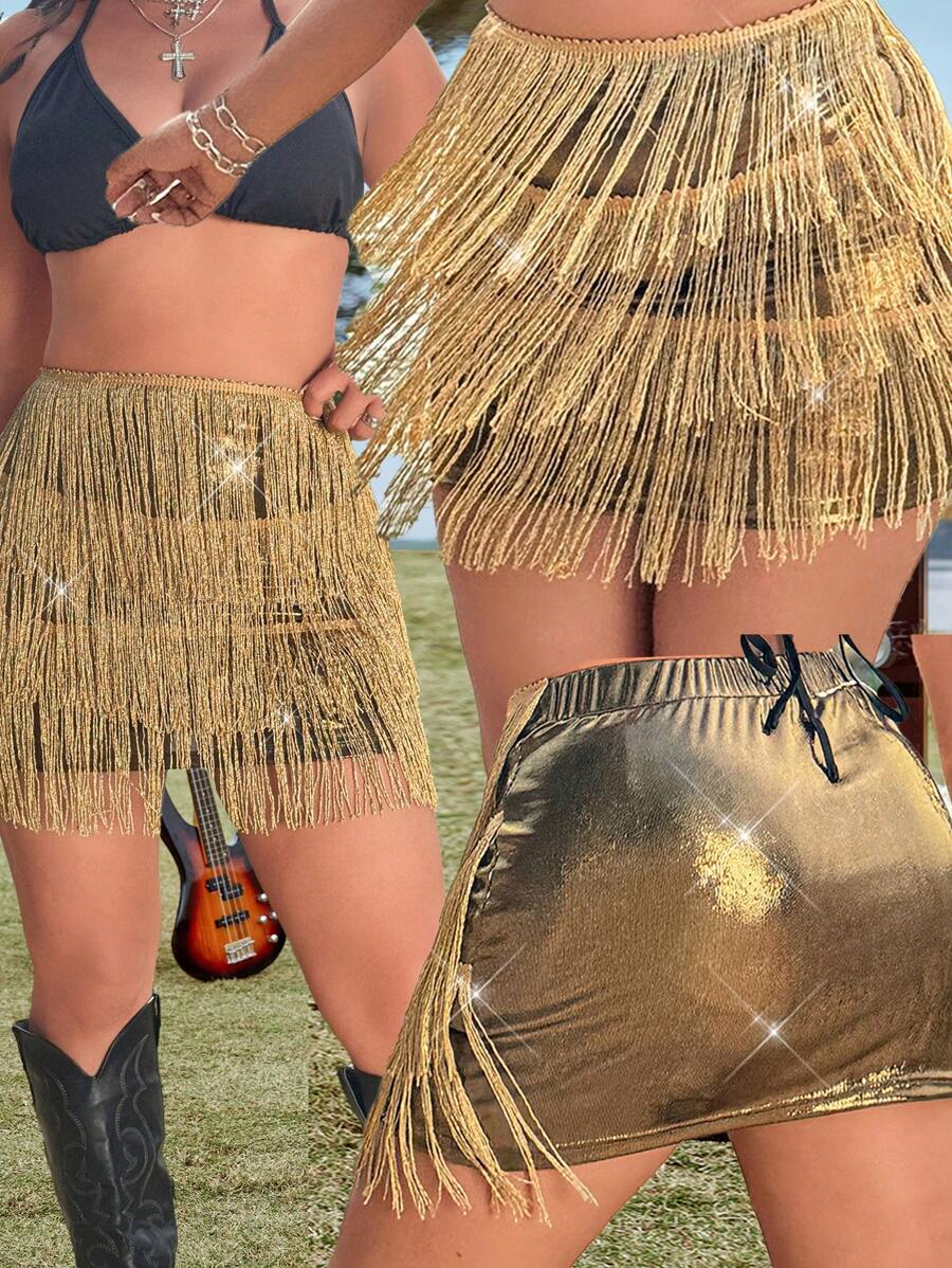 Flirla Minigonna aderente da donna con frange dorate in stile boho hippie cowgirl old money, adatta per primavera/estate, taglie comode