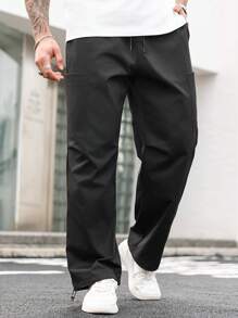 Manfinity Homme Men's Straight Leg Casual Pants With Drawstring Waist, Suitable For Spring/Summer - Black - View 3