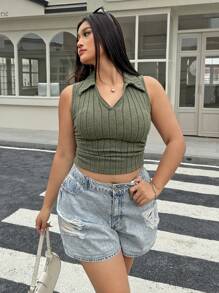 SHEIN EZwear Débardeur femme vert grande taille sans manches avec col châle