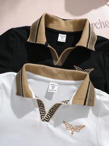 SHEIN Leap Crew Young Boy Casual College Style Flat-Knit Collar Knitted Dual-Logo Printed Polo Shirt 2pcs Set, Suitable For Summer Gathering And Outdoor Wear - Multicolor - View 5