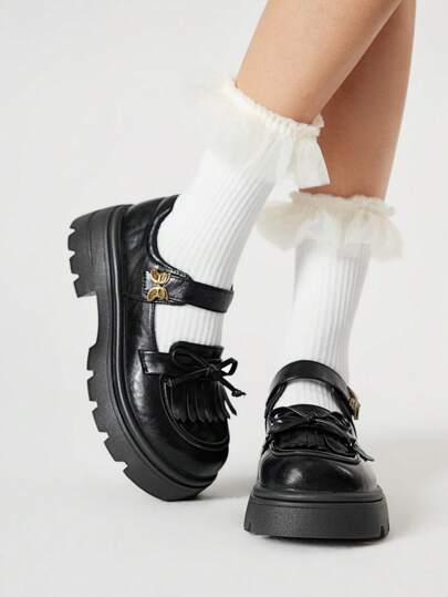 Kawaii Black Mary Jane Shoes With Strap & Bow, Casual Japanese School Uniform Style Flat Oxfords, Formal Work Shoes With Platform Wedge Heel For Women