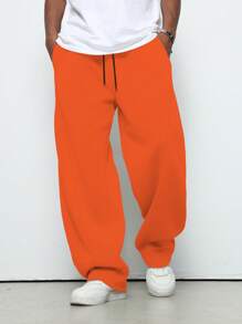 Manfinity Roghcode Men's Solid Color Drawstring Waist Wide Leg Loose Casual Sweatpants, For Rave - Orange - View 4