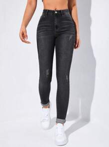 Flexra SpringHigh Waist Ripped Skinny Jeans Women Jeans High Waisted - Black - View 3