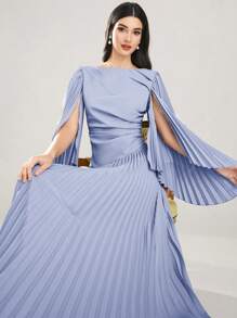 Modelyn Women's Elegant Solid Color Pleated Long Dress - Blue - View 1