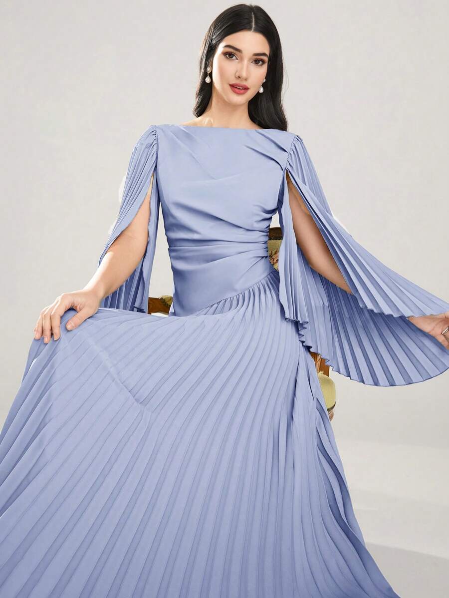 Modelyn Women's Elegant Solid Color Pleated Long Dress - Blue - View 1