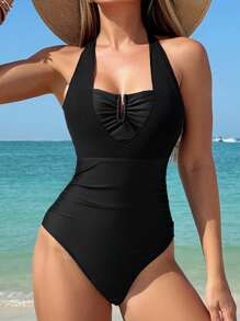 SHEIN 女士纯色网眼拼接优雅简约细肩带荷叶边海滩度假泳衣 - 黑色 - 查看 2