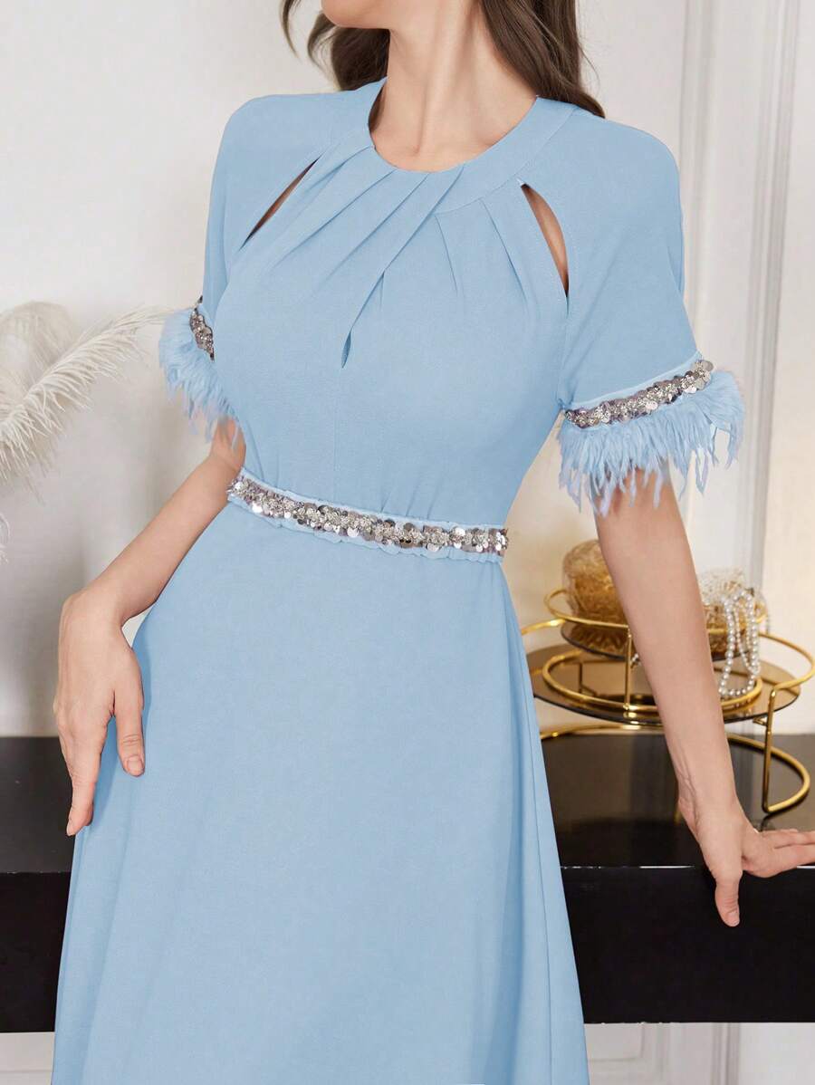 Modelyn 优雅奢华珍珠与拼布设计年轻女士连衣裙 - 藍色 - 查看 1