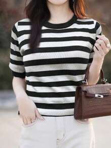 EMERY ROSE Striped Half Sleeve Pullover Sweater, Minimalist & Fashionable, Suitable For Summer - Black and White - View 3