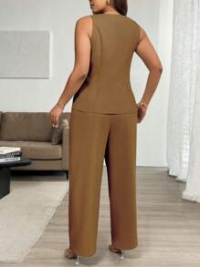 Vionelle Plus Size Women V-Neck Sleeveless Top With 3D Floral Button Decor And Long Pants 2 Pieces Set - Coffee Brown - View 3