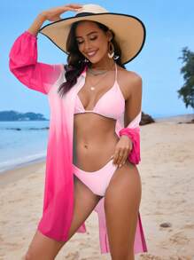 SHEIN Swim Kimono Cover Up, Random Print Collar, Patterned Elsewhere For Summer Beach Vacation - Rose Red - View 4