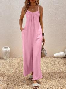 Breezaya Women's Fashionable Solid V-Neck Pleated Loose Strap Jumpsuit - Baby Pink - View 6