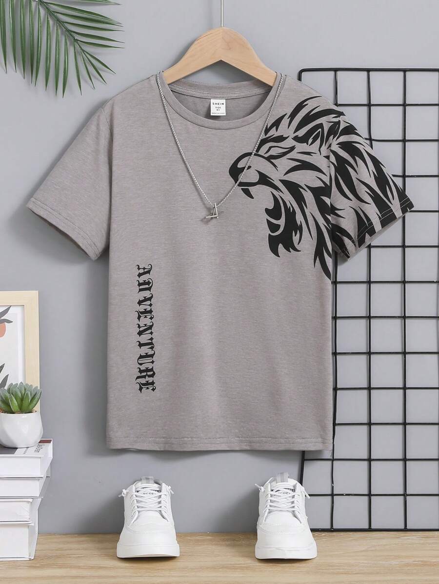 SHEIN Tween Boy Graphic Crew Neck Short Sleeve Knit T-Shirt - Grey - View 1