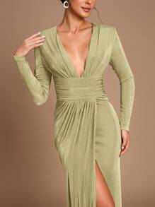 SHEIN Belle Vestido de dama de honor de punto de manga larga, con corte recto, abertura lateral y cintura fruncida, en un elegante y romántico color café