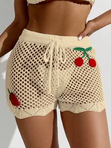 SHEIN Swim Abito copricostume estivo da donna in maglia e con shorts, decorato con ciliegie e con lavorazione traforata