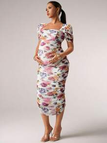 SHEIN 泡泡袖花卉印花孕妇连衣裙 - 彩色 - 查看 4