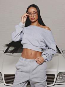 SUMWON WOMEN 露肩羊毛运动衫慢跑运动服运动服健身时尚两件套运动休闲舒适秋冬家居服