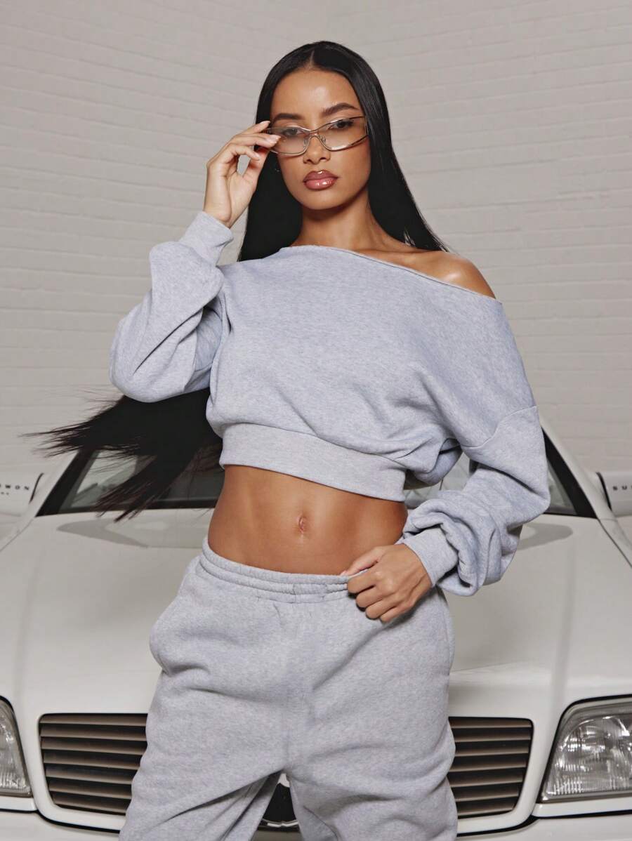 SUMWON WOMEN 露肩羊毛运动衫慢跑运动服运动服健身时尚两件套运动休闲舒适秋冬家居服