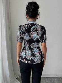 Elenzga 女士优雅印花 V 领泡泡袖收腰衬衫 - 彩色 - 查看 2